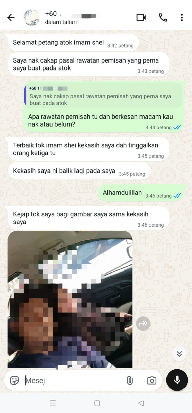 Tangkapan skrin perbualan testimoni pelanggan 01, dengan nombor telefon dikaburkan.