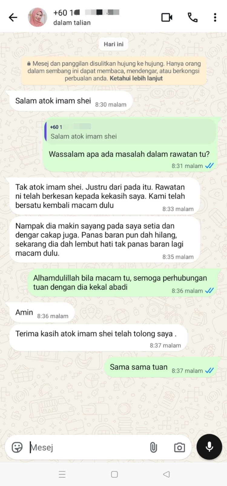 Tangkapan skrin perbualan testimoni pelanggan 02, dengan nombor telefon dikaburkan.