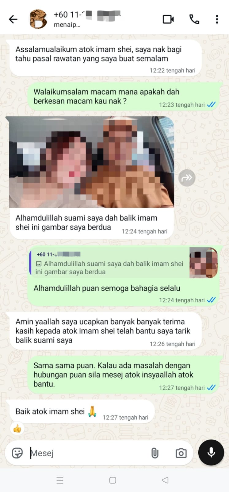 Tangkapan skrin perbualan testimoni pelanggan 03, dengan nombor telefon dikaburkan.