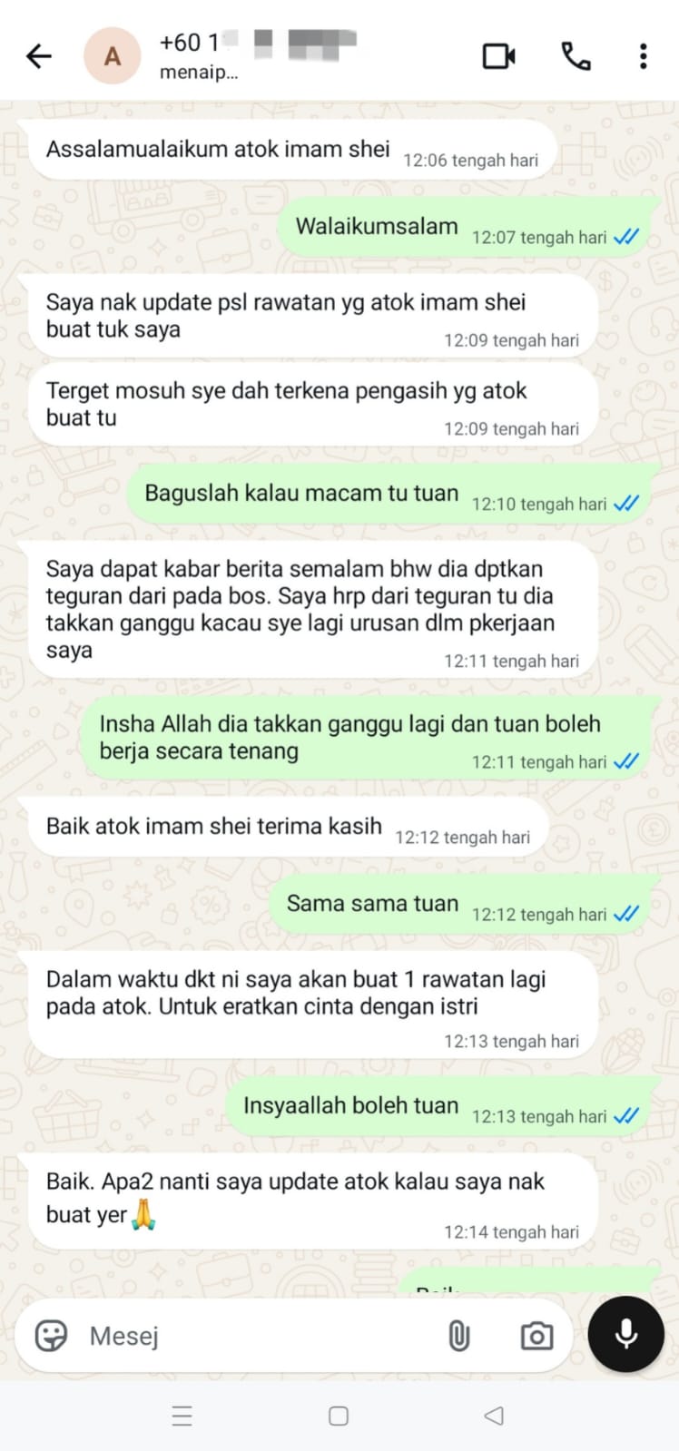 Tangkapan skrin perbualan testimoni pelanggan 04, dengan nombor telefon dikaburkan.